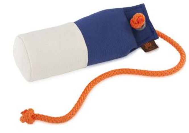 Huvudbild Tygdummy Ca 250 g Blå/vit Rephandtag Totallängd utan handtag ca 19 cm Diameter ca 6 cm